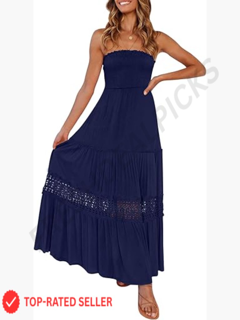 Strapless Off Shoulder Boho Flowy Lace Maxi Dress Casual Elegant Summer Beach